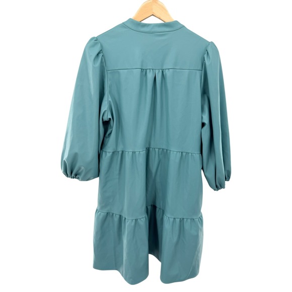 Crown & Ivy Teal Blue Faux Leather Tiered Babydoll Mini Dress Womens Large - Picture 5 of 5